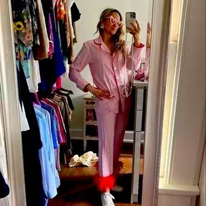 Sleeper brand pink with red trim pajama’s set.  Feather trim size medium